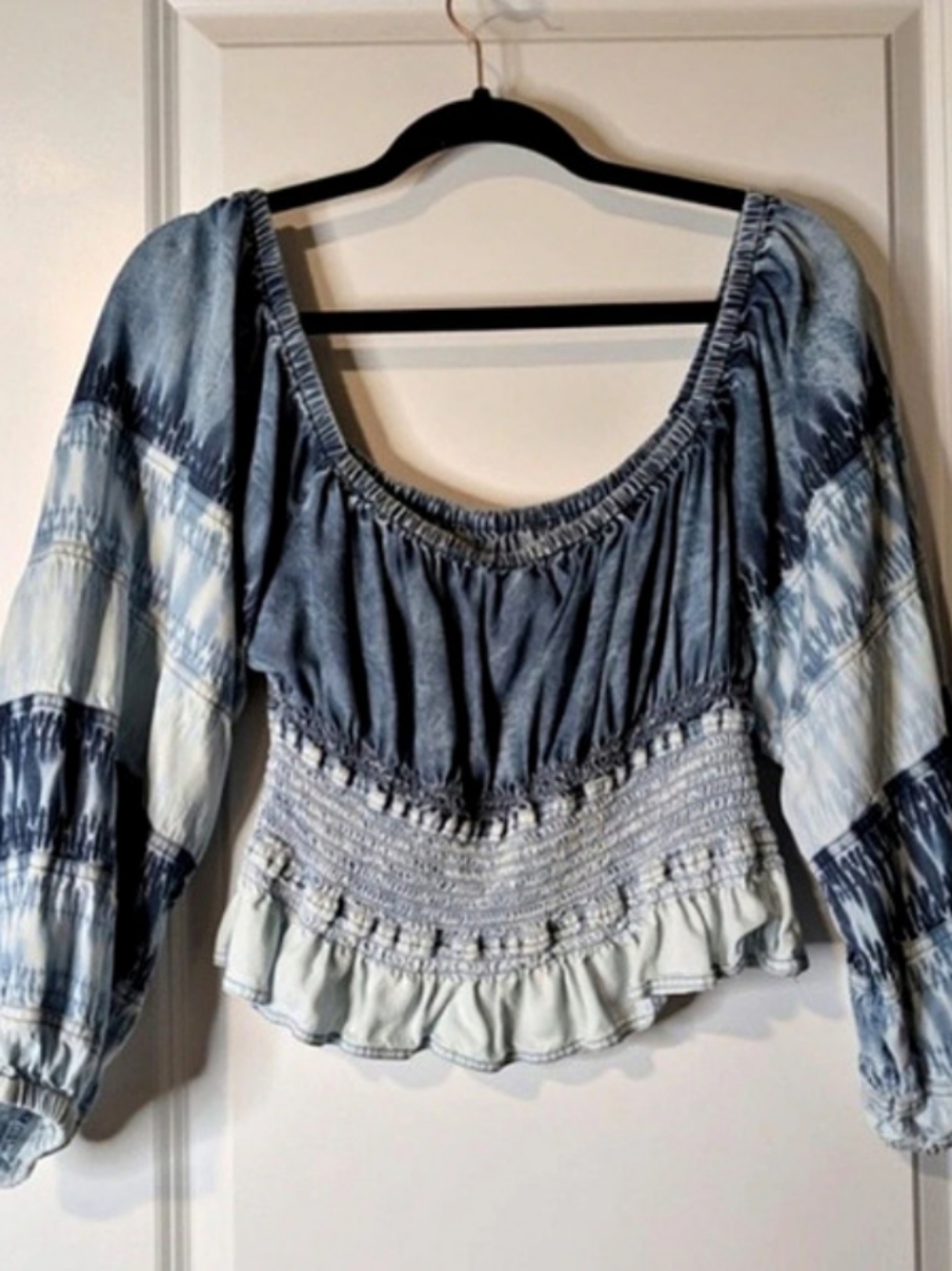 Pilcro Tie-Dye Peplum Blouse in Blue & White Small